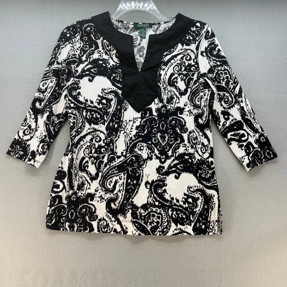 Ralph Lauren Tunic Top Women's Size M Black And White Ikat Pattern 3/4 Sleeve